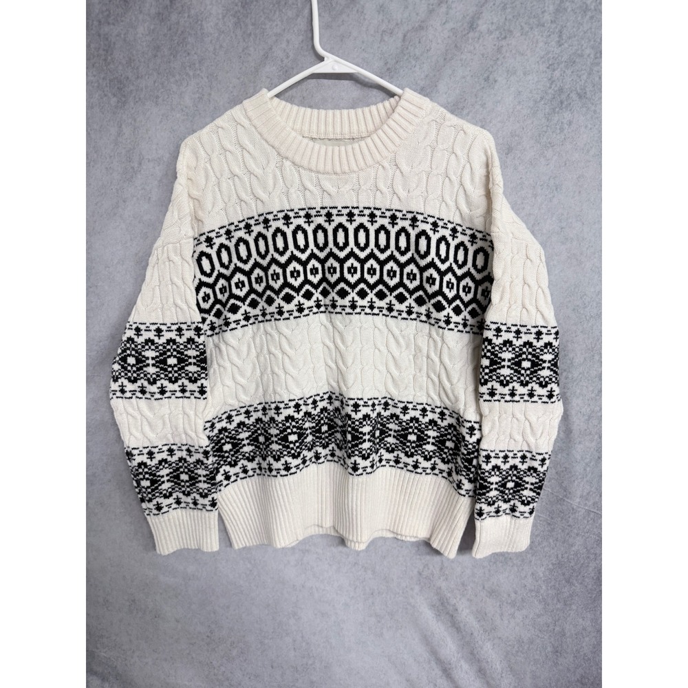 Loft Womens Medium Cream Black Fair Isle Cable Knit Crewneck Sweater Geometric